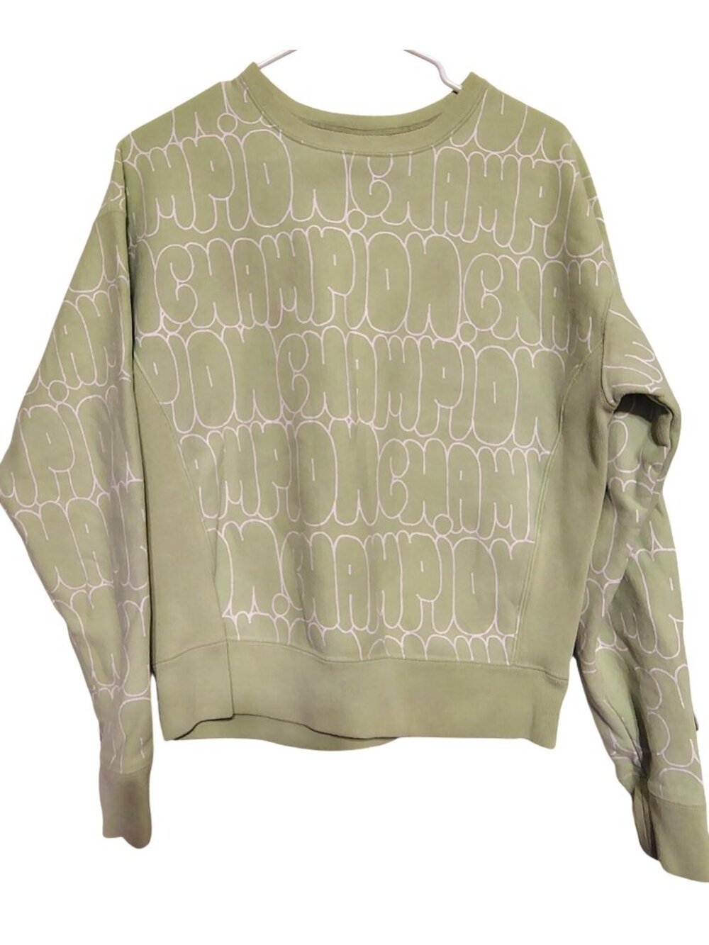 Champion Reverse Weave Medium Sweatshirt Bubble Letter Light Green White Letters
